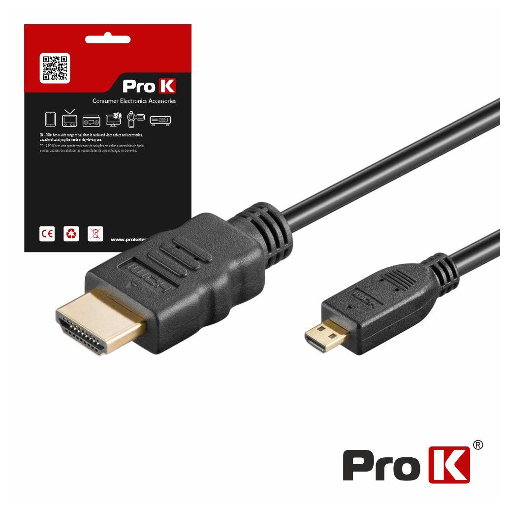 Cabo HDMI Dourado Macho / Micro HDMI Macho Preto 1.5m PROK (imagem para) Cabo HDMI Dourado Macho / Micro HDMI Macho Preto 1.5m PROK
