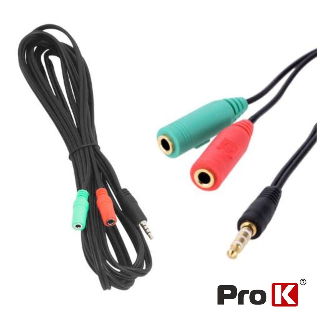 Cabo Jack 3.5mm Macho 4P / 2 Jack 3.5mm Fêmea 1m PROK (imagem para) Cabo Jack 3.5mm Macho 4P / 2 Jack 3.5mm Fêmea 1m PROK