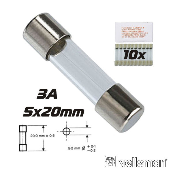 FUSÍVEL 5X20 FUSÃO RÁPIDA 3A (10X) VELLEMAN (imagem para) FUSÍVEL 5X20 FUSÃO RÁPIDA 3A (10X) VELLEMAN