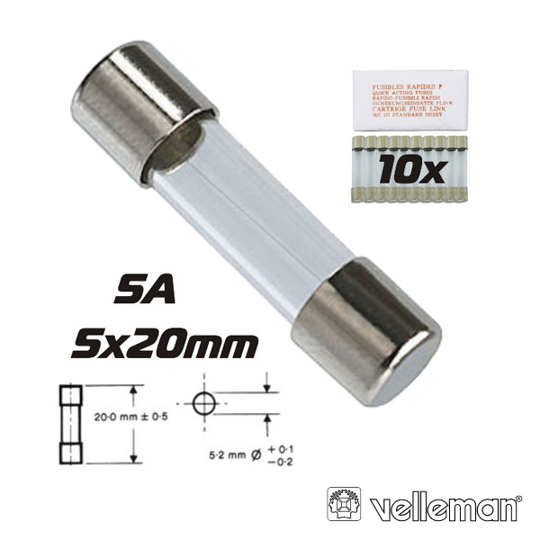 FUSÍVEL 5X20 FUSÃO RÁPIDA 5A (10X) VELLEMAN (imagem para) FUSÍVEL 5X20 FUSÃO RÁPIDA 5A (10X) VELLEMAN