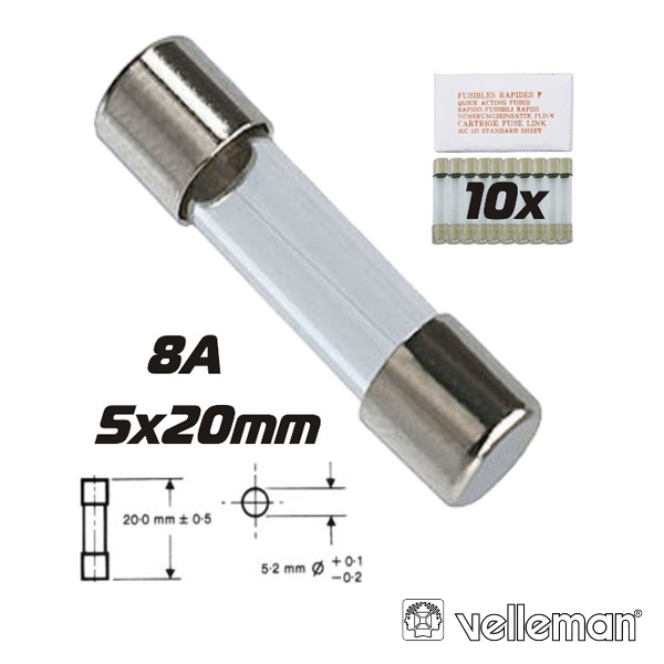 FUSÍVEL 5X20 FUSÃO RÁPIDA 8A (10X) VELLEMAN (imagem para) FUSÍVEL 5X20 FUSÃO RÁPIDA 8A (10X) VELLEMAN